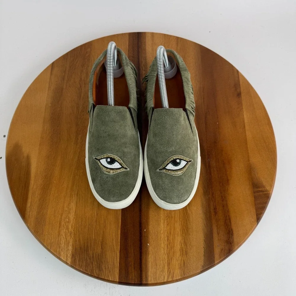 Womens Figue Olive‎ Suede Beaded Eye Fringe Slip On Shoes Sneakers Size 37 US 6